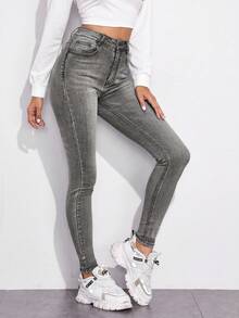 SHEIN Essnce Jeans ajustados de cintura alta con cremallera - Gris Claro - Ver 5