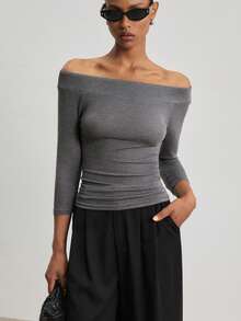 ATUI Studio Atasan Rajut Wanita Lengan 3/4 Campuran Wol Tencel Motif Marmer Layar Perak Model Bahu Terbuka - Atasan untuk Transisi Musim Gugur/Musim Dingin, Pakaian Berlapis yang Penting - Light Grey - View 6