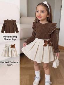 SHEIN Elladie kids Young Girl Embroidered Bell Sleeve Ruffle Trim T-Shirt And Bow Decor Pleated Mini Skirt Set - Brown - View 2