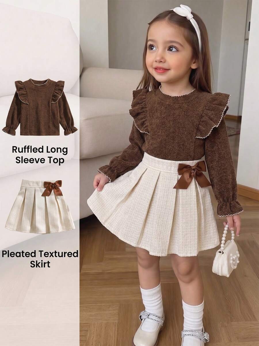 SHEIN Elladie kids Young Girl Embroidered Bell Sleeve Ruffle Trim T-Shirt And Bow Decor Pleated Mini Skirt Set