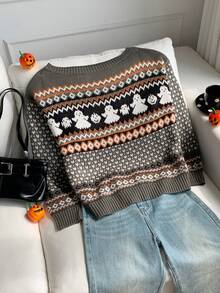 Comfortcana Women's Christmas Ghost Geometric Pattern Knit Top - Multicolor - View 4