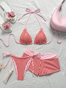 Swim Mod 女款春夏新款波點印花蝴蝶結裝飾V領掛脖露背三角比基尼套裝，含綁帶三角比基尼褲與低腰比基尼褲，3件組 - 彩色 - 查看 4