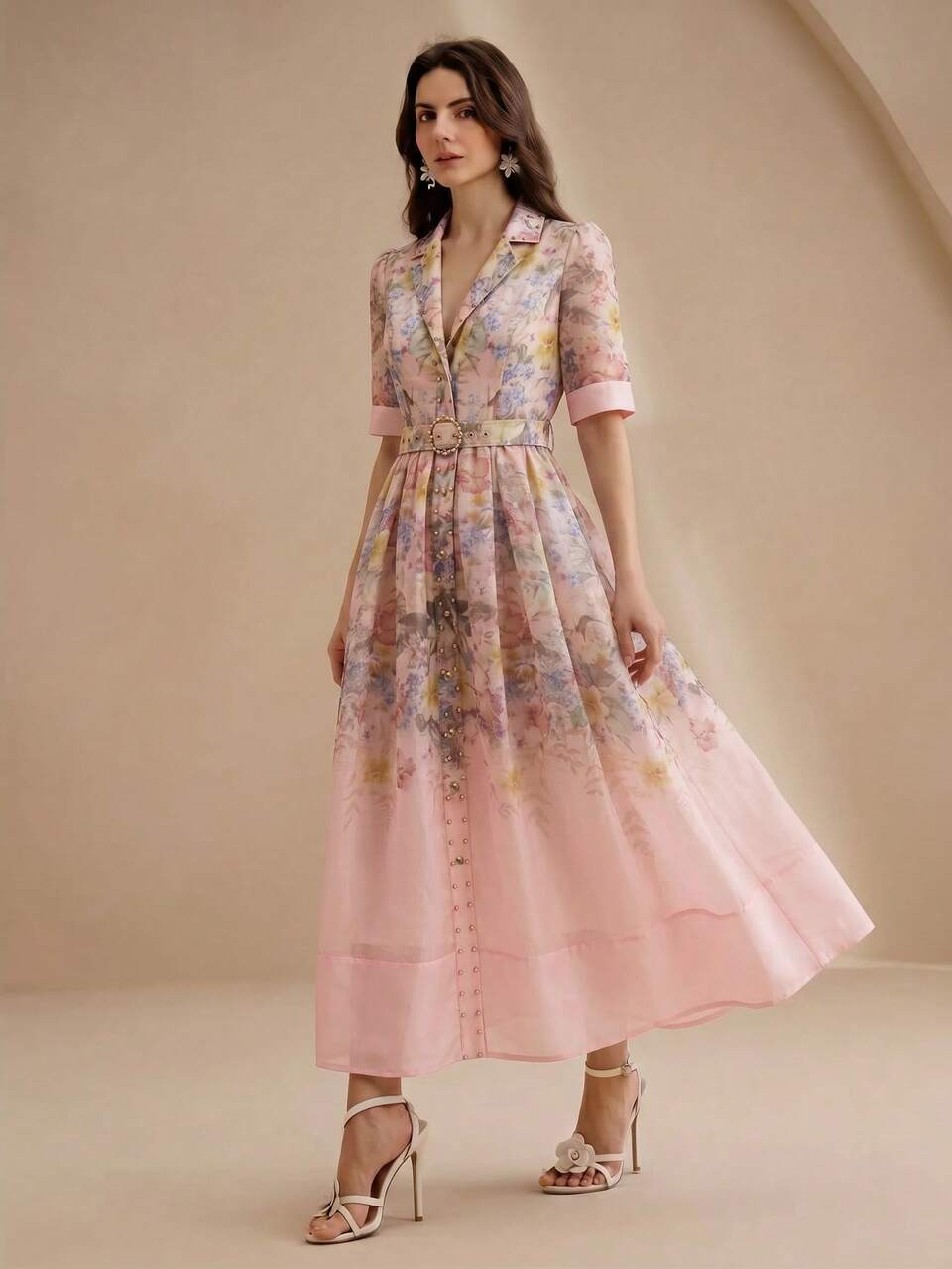 Anewsta Spring/Summer Elegant Pink High-End Positioning Printed Short Sleeve Cinched Waist Tie-Front Shirt Dress For Women