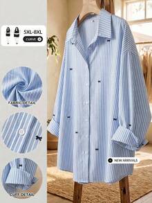 SHEIN CURVE+ 大尺碼女款藍白休閒可愛傳統 90s 80s 百搭日常正式長袖襯衫 開學季約會之夜辦公室穿搭 - 彩色 - 查看 1