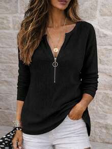 EMERY ROSE Women's Solid Color Zipper Half-Placket Long Sleeve Knit T-Shirt - Black - View 3