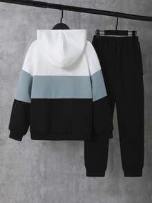 SHEIN 男童拼色休閒寬鬆連帽開襟運動衫 + 拼色休閒運動長褲 2件套，抓絨加厚 - 藍色 - 查看 2