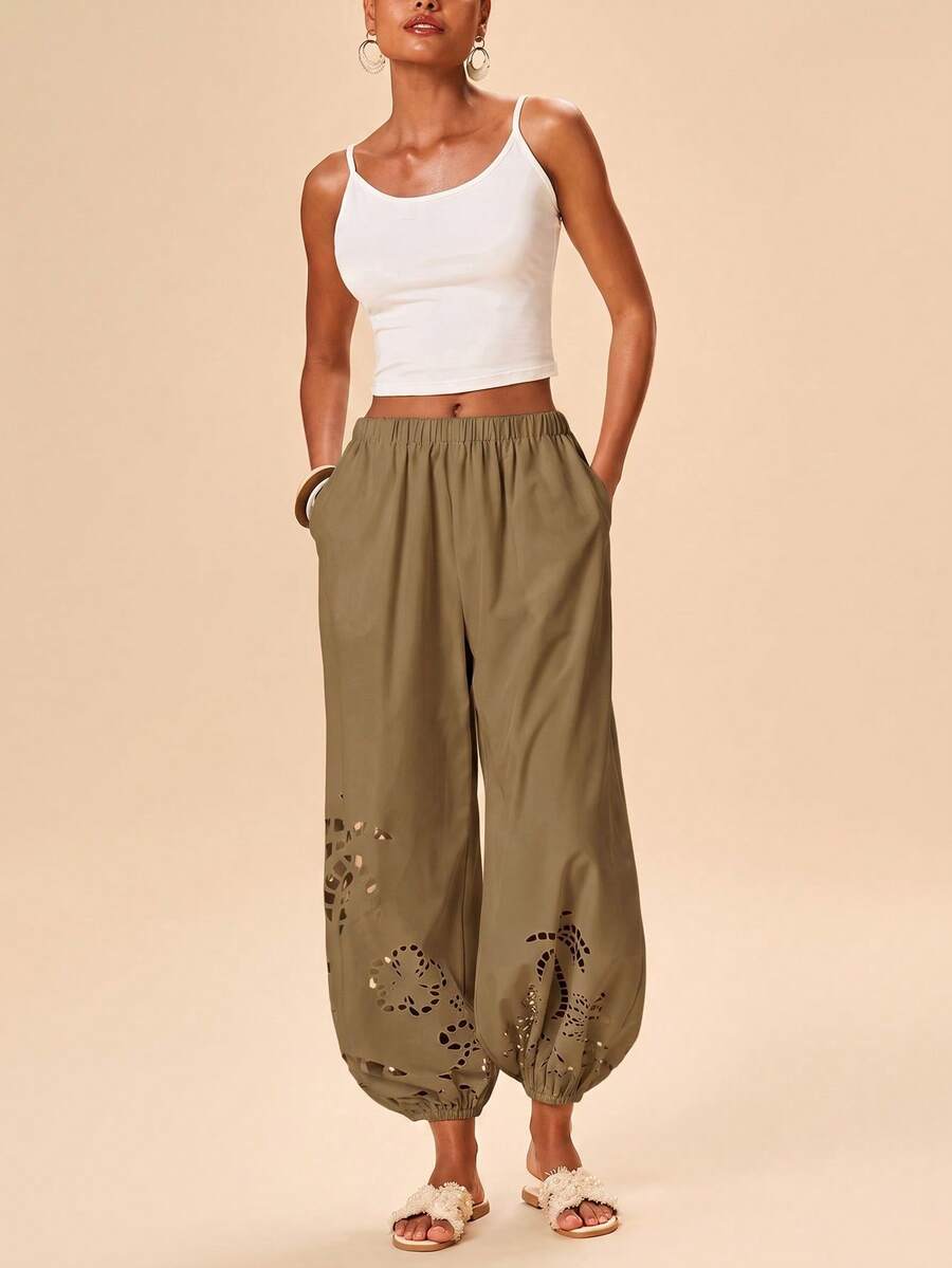 Travachic Vacation Casual Coconut Tree Hollow Out Design Long Pants