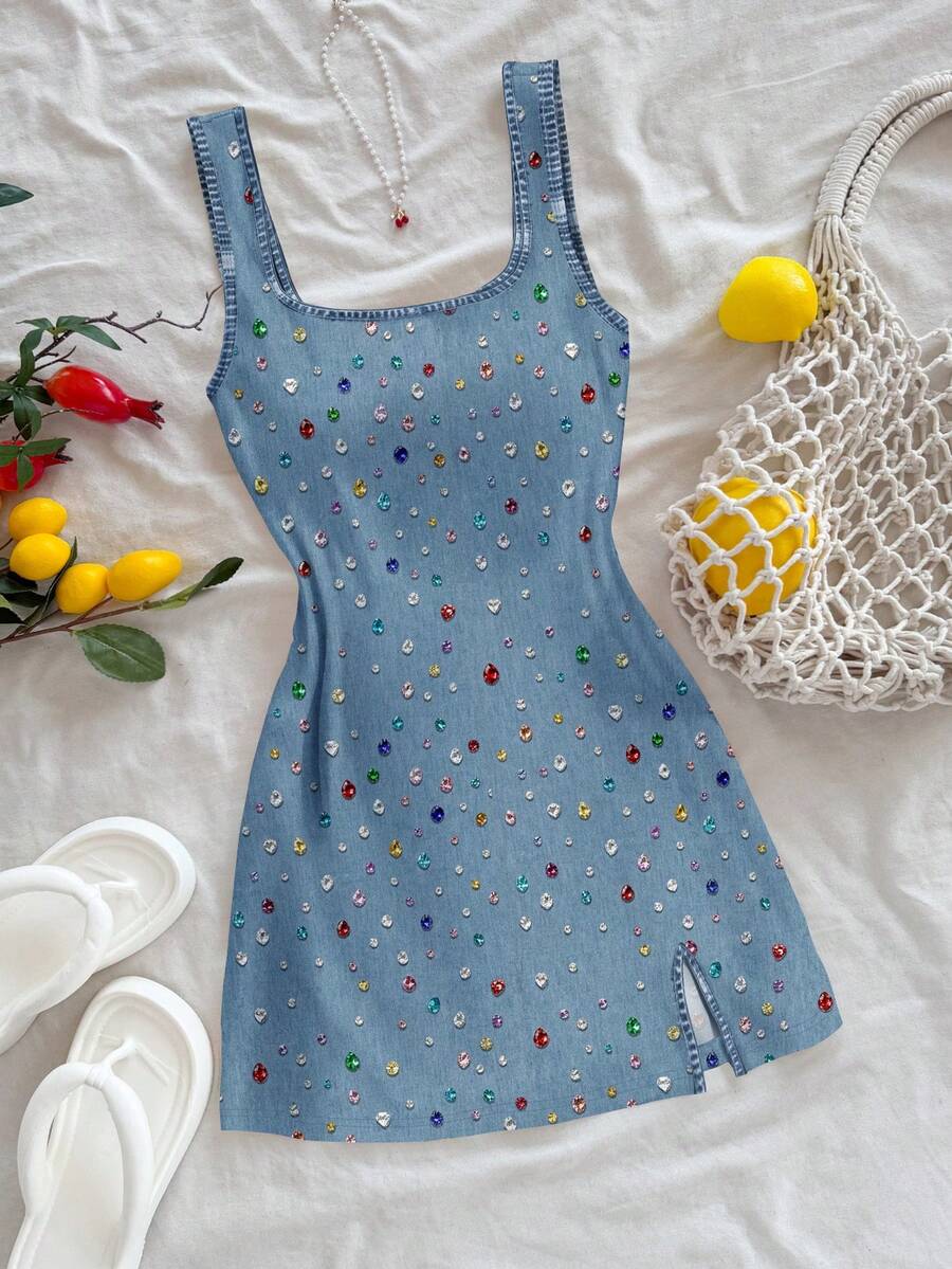 SHEIN 女款休閒度假牛仔效果水鑽印花U領露背迷你洋裝,適合日常通勤,無胸墊 - 彩色 - 查看 1