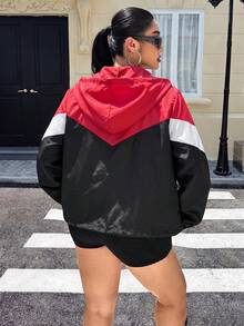 SHEIN EZwear 大尺碼黑金拼接拉鍊梭織連帽外套 登山 秋季休閒款 - 彩色 - 查看 2