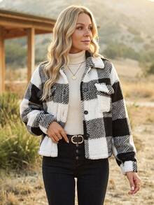 SHEIN Casual-Woman Fantasy-Simple Ruffle Gingham Jacket - Black - View 3