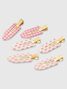 ROMWE Kawaii 6入粉色格紋愛心蝴蝶結無縫女用髮夾，可愛風格，適合日常通勤、拍照，百搭髮飾 - 多色6 - 查看 5
