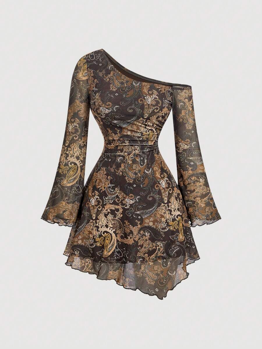 SHEIN MOD 女款復古遊牧波希米亞印花不對稱肩喇叭袖洋裝 - 彩色 - 查看 1