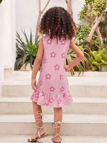 SHEIN 女童夏季軟綿條紋花卉印花可愛甜美背心洋裝 休閒日常時尚百搭 街拍出遊度假露營 姐妹裝 親子套裝 - 粉色 - 查看 2