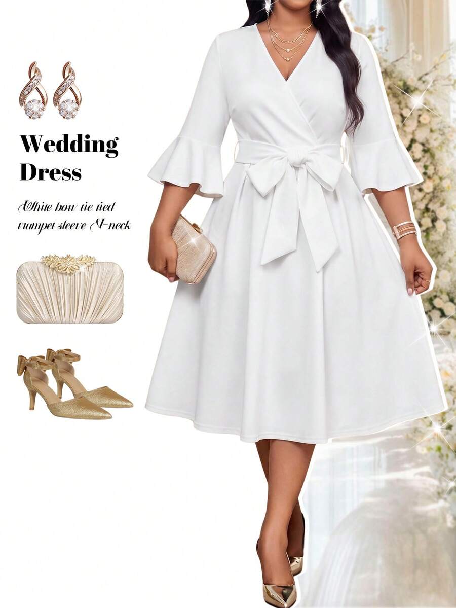 Fleurora Plus Size Elegant Party Solid Color Dress With Belt Fall - White - View 1