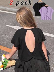 SHEIN Girlism Tween女孩春夏兩件式休閒時尚露背交叉背部對比線條設計圓領肩連袖短袖寬鬆版型T恤，返校季，親子套裝 - 彩色 - 查看 9