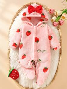 SHEIN Playful Pals Newborn Hooded Romper Cute Cherry Print Flannel Comfortable Skin-Friendly Baby Crawler Winter - Pink - View 8
