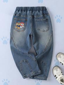 SHEIN | PAW Patrol 小男孩可愛卡通印花口袋寬鬆牛仔長褲 - 藍色 - 查看 1