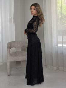 Jemour Women's Autumn/Winter Lace Ruched Bodycon Dress, Versatile For Outings, Date Nights, Theme Parties, Celebrations Elegant Black - Black - View 6