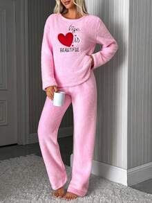 SHEIN Pink Fuzzy Plush Heart Applique Embroidery Long Sleeve Homewear Pajama Set - Pink - View 5