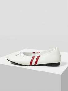 Mnmlis Simple Commuter Burgundy Parallel Bars Bow Round Toe Flat Bottom Beige Soft Leather Low Vamp Shoes Casual Shoes Fall Shoes - Off-white - View 3