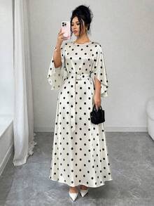 SHEIN Raffinéa Vestido largo elegante y casual para mujer, primavera/otoño, cuello redondo, hombros caídos, con cinturón, blanco con lunares negros, para ocasiones, citas y cumpleaños - Albaricoque - Ver 3