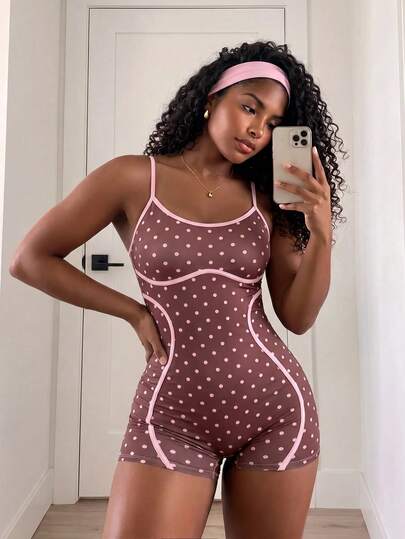 SHEIN Core Rhythm Women's Slim Fit Polka Dot Print Spaghetti Strap Criss-Cross Back Short Sports Jumpsuit For Outdoor Workout