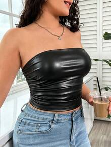 SHEIN EZwear 休閒時尚黑色紋理亮面布料大尺碼女款上衣，派對、音樂節，黑色抹胸上衣冬季 - 黑色 - 查看 3