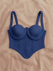 Travachic 大尺碼女款不對稱下擺針織細肩帶上衣 - 藍色 - 查看 7
