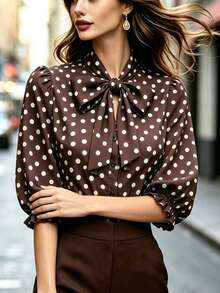 SHEIN Brown All-Over Print White Small Polka Dot Collar Large Bowknot Blouse With Puff Shoulders, Ruffle Trim Mid-Sleeves, Single-Breasted Round Buttons, Cinched Waist, Versatile Base Layer Shirt - Multicolor - View 4