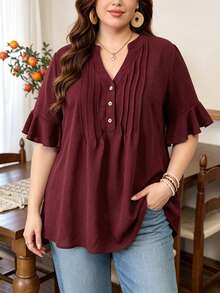 Lacomfia Burgundy Ruffle Short Sleeve Wooden Button Decor Fitted Loose Minimalist Elegant Casual Plus Size Shirt Teachers' Day Office Party Summer - Burgundy - View 1