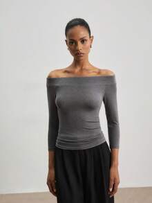ATUI Studio Atasan Rajut Wanita Lengan 3/4 Campuran Wol Tencel Motif Marmer Layar Perak Model Bahu Terbuka - Atasan untuk Transisi Musim Gugur/Musim Dingin, Pakaian Berlapis yang Penting - Light Grey - View 3