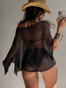 Sirith 2026 New Women's Black Summer Bohemian Exquisite Hollow-Out Semi-Sheer Mesh Open Shoulder Printed Beach 2 Pieces Cover-Up Set - Black - View 2