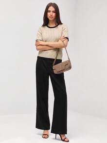 SHEIN Orluneo 新款休闲宽松韩版圆领撞色纹理套头毛衣，女款，春秋季 - 卡其色 - 查看 5