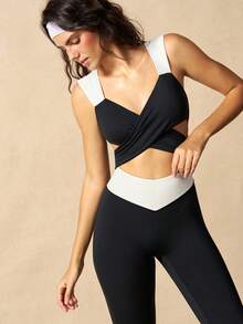 VARSIVA Women's Colorblock Criss-Cross Cutout Design Sports Jumpsuit - Black and White - View 6
