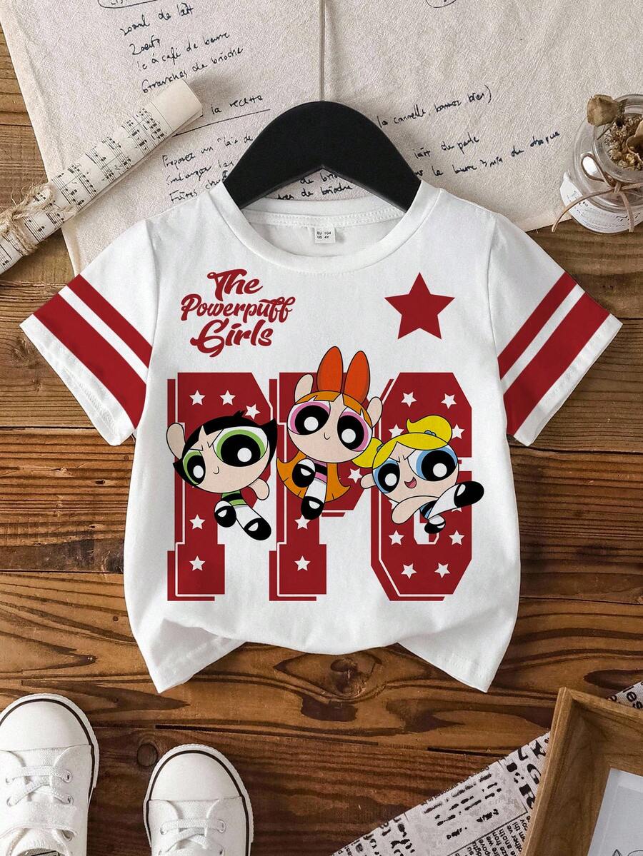 THE POWERPUFF GIRLS X SHEIN Young Girl Summer Casual Cartoon Print Short Sleeve T-Shirt - White - View 1