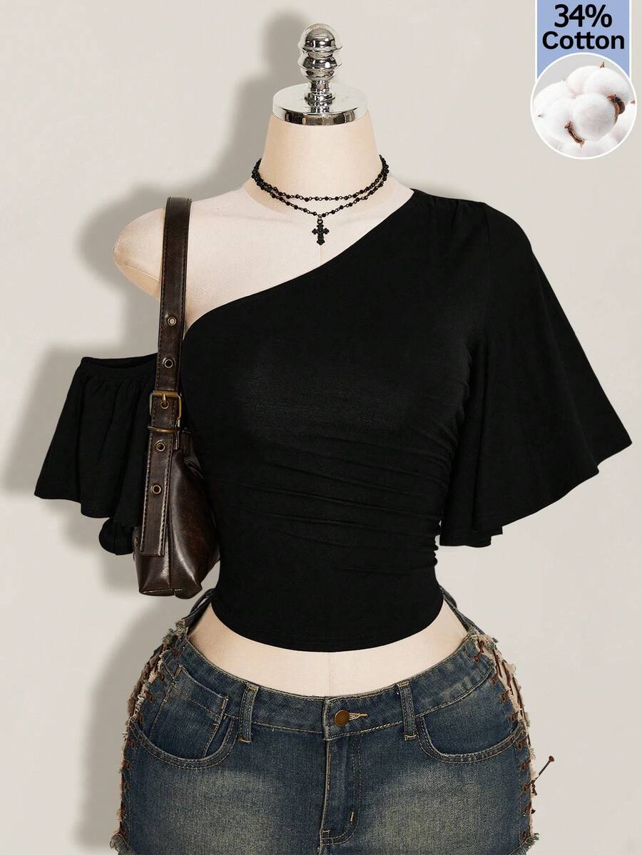 SHEIN ICON Y2K 性感女款黑色純色不對稱單肩荷葉邊短袖上衣 - 黑色 - 查看 1