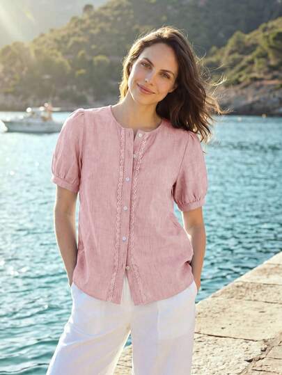 Dayvera French Gentle Style Lace Placket Linen Short Sleeve Cardigan Top