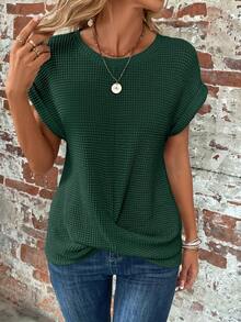 EMERY ROSE Women's Summer Solid Color Round Neck Batwing Sleeve Casual T-Shirt - Dark Green - View 5