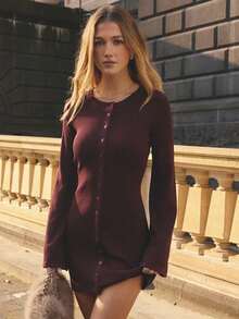 Aralina Women Ribbed Knit Dress Button Front Crew Neck Long Sleeve Slim Fit Casual Festival Vacation Fall Winter Going Out World Cup 2026 - Burgundy - View 9