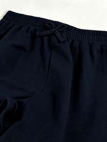 Tween Girl Drawstring Waist Solid Color Casual Daily Shorts - Navy Blue - View 3