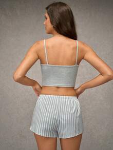 Esseday Conjunto de pijama con estampado de letras y rayas con cintura ajustable, conjunto de pijama para la temporada navideña - Gris Claro - Ver 2
