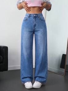 SHEIN EZwear 大尺碼女款休閒工裝傳統口袋直筒牛仔褲 正式夜店畢業季淺藍色秋季 - 中等水洗藍 - 查看 3