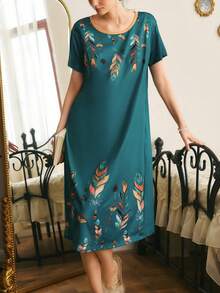 Côtesoire 女式羽毛印花圆领短袖长睡袍，夏季，Moo Moo - 彩色 - 查看 4