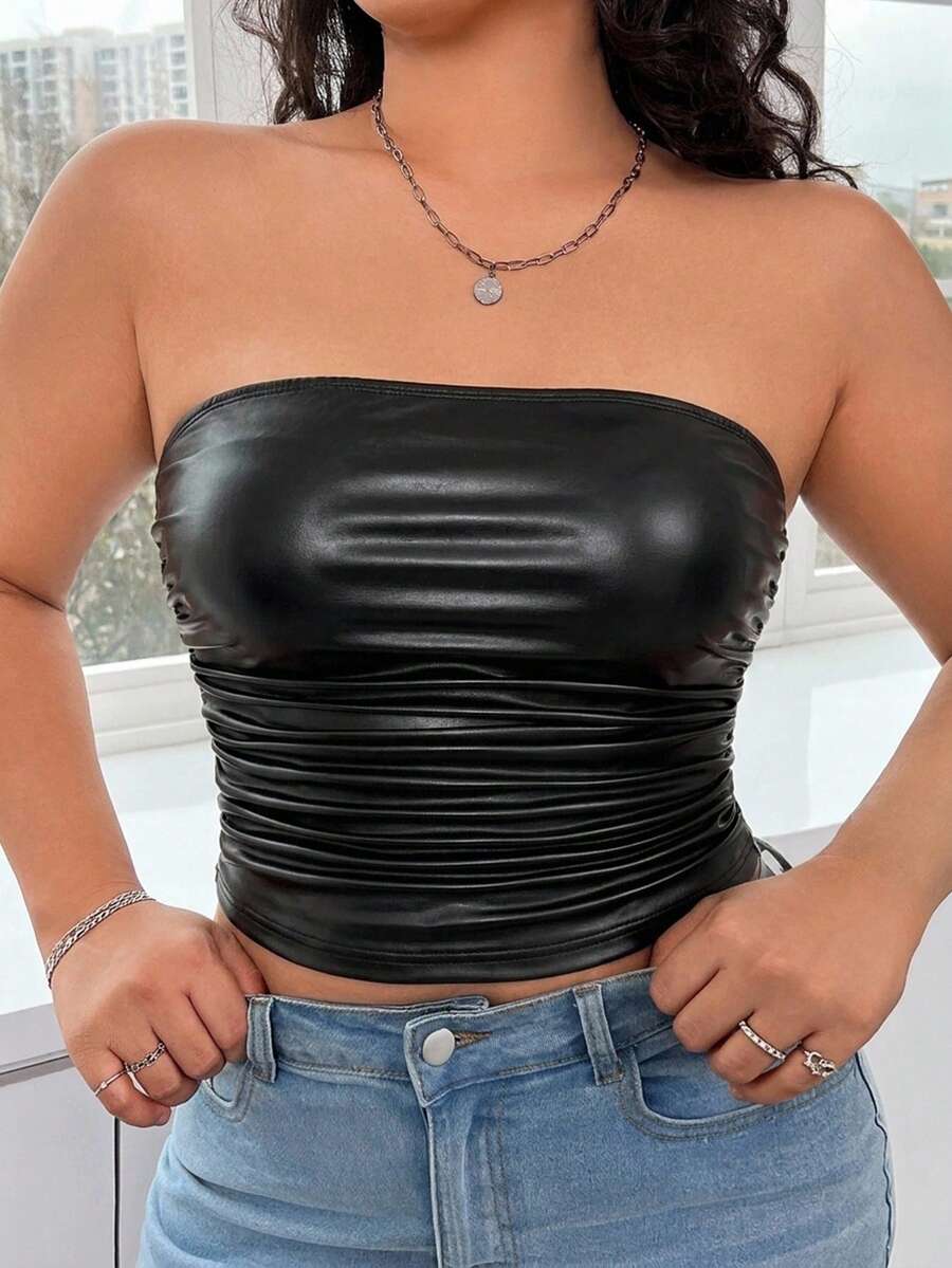SHEIN EZwear 休閒時尚黑色紋理亮面布料大尺碼女款上衣,派對、音樂節,黑色抹胸上衣冬季 - 黑色 - 查看 1