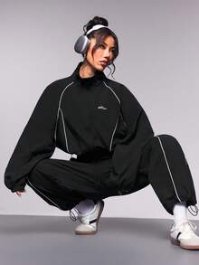 StreetHx Women Contrast Trim Drawstring Hem Jacket With Long Pants Activewear Set Tracksuits Set - Black - View 4