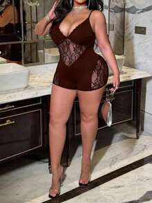SHEIN CURVE+ 大码女士性感蕾丝拼接连体裤 - 棕色 - 查看 4