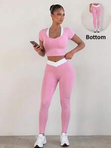 Zolique Women's Colorblock Asymmetric Waist Casual Sports Leggings - Pink - View 2