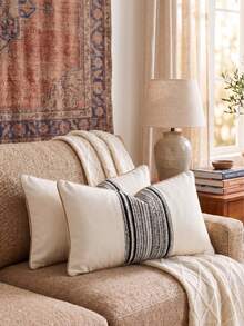Cirelle 1pc/2pcs All-Season Middle Vertical Striped Patchwork Throw Pillow Covers, Square Cushion Cases With Piped Edge Design, Neutral Rustic Farmhouse Boho Home Decor For Sofas,Bedrooms,Bay Windows,Homestays&Influencer Apartments,Pillow Insert Not Included - Black - View 4