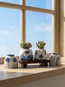 Cirelle 1 pieza/2 piezas Maceta pequeña asimétrica para plantas hidropónicas, cerámica esmaltada lisa con patrones de flores azules vintage pintados a mano, estructura impermeable para el cultivo de raíces de plantas, pequeño contenedor decorativo para escritorio de estudio, estantería de dormitorio y exhibición en mostrador. - Multicolor - Ver 1
