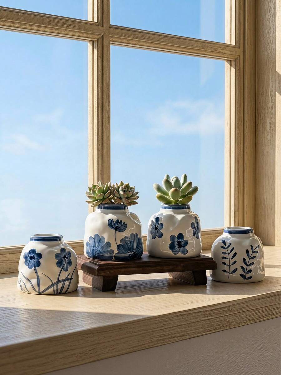 Cirelle 1 pieza/2 piezas Maceta pequeña asimétrica para plantas hidropónicas, cerámica esmaltada lisa con patrones de flores azules vintage pintados a mano, estructura impermeable para el cultivo de raíces de plantas, pequeño contenedor decorativo para escritorio de estudio, estantería de dormitorio y exhibición en mostrador. - Multicolor - Ver 1